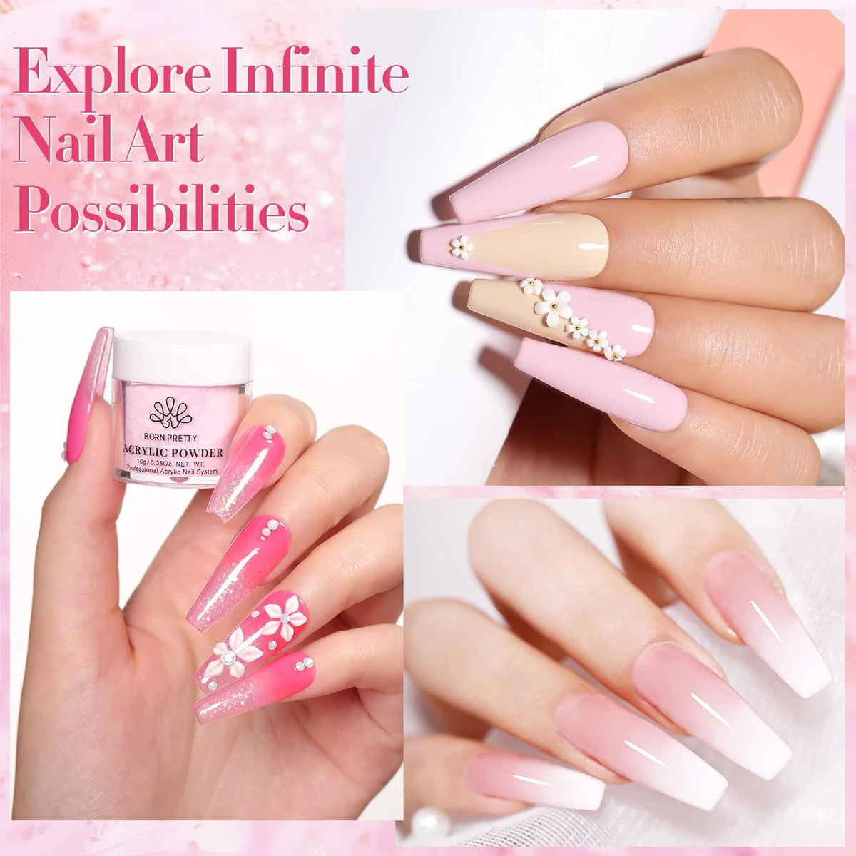 BORN PRETTY Acrylic Nail Kits Full Set,87PCs Pink White Clear Glitter Grey Acrylic Powder and Liquid Set for Beginners,with Nail Pre Dehydrator Nail Primer Nail Tips