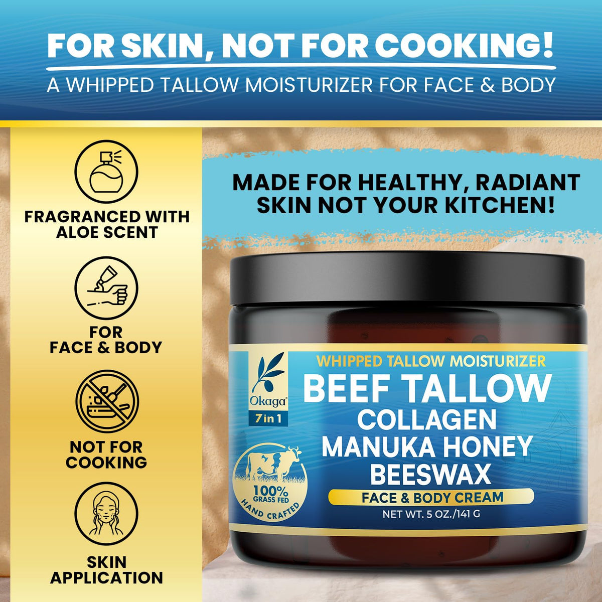 Organic Beef Tallow for Skin, Organic Grass-Fed Beef Tallow Balm with Manuka Honey, Aloe Vera, Jojoba Oil, Collagen & Beeswax, Olive Oil, Moisturizer for Dry Skin, Nourishes Face, Body & Lips (5oz)