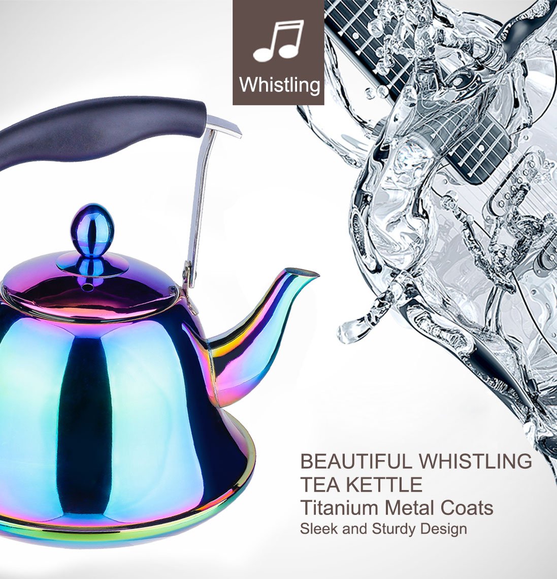 Onlycooker Whistling Tea Kettle Stainless Steel Stovetop Teakettle with Infuser Sturdy Teapot for Tea Coffee Fast Boiling Color Rainbow Mirror Finish 2 Liter / 2 Quart