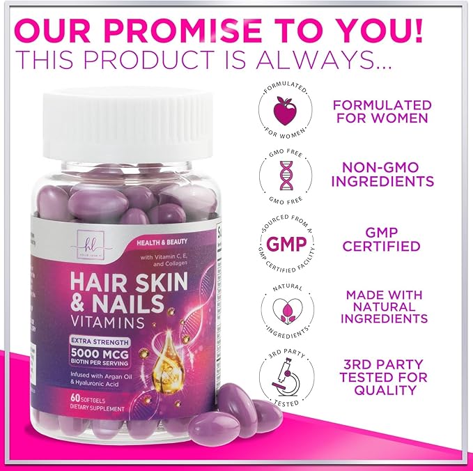 Hair, Skin & Nails Vitamins for Women - Biotin 5000mcg to Support Hair Growth with Argan Oil, Collagen & Hyaluronic Acid, Beautiful, Stronger Skin, Hair & Nails Vitamin Supplement - 60 Softgels