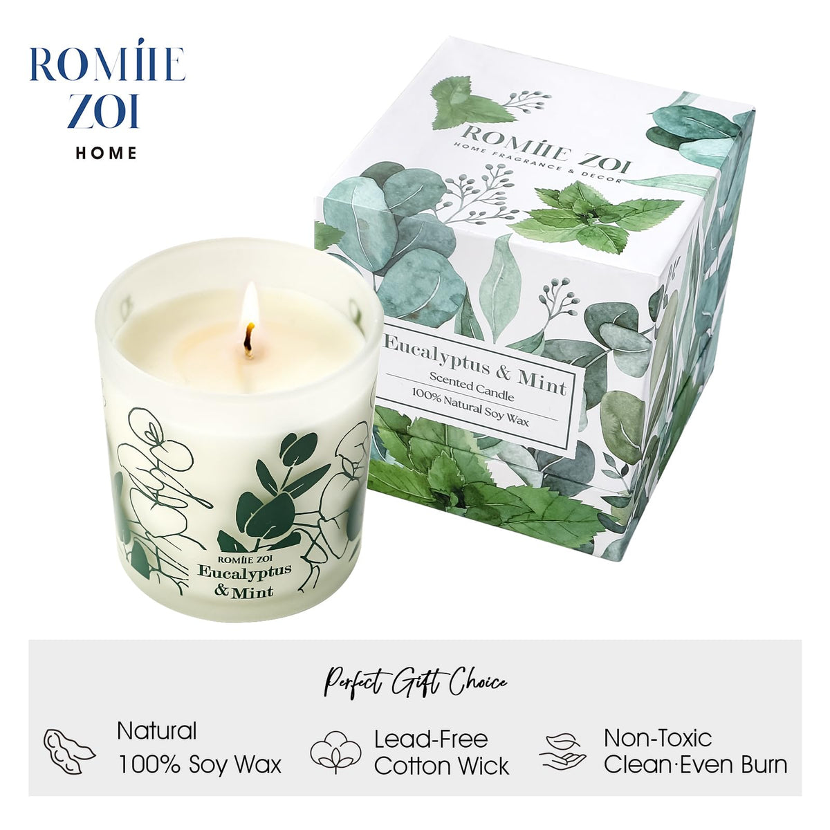 ROMIIE ZOI Scented Candle - Eucalyptus & Mint - 6oz Aromatherapy Soy Wax Jar Candle for Home, Gifts for Women - 170g