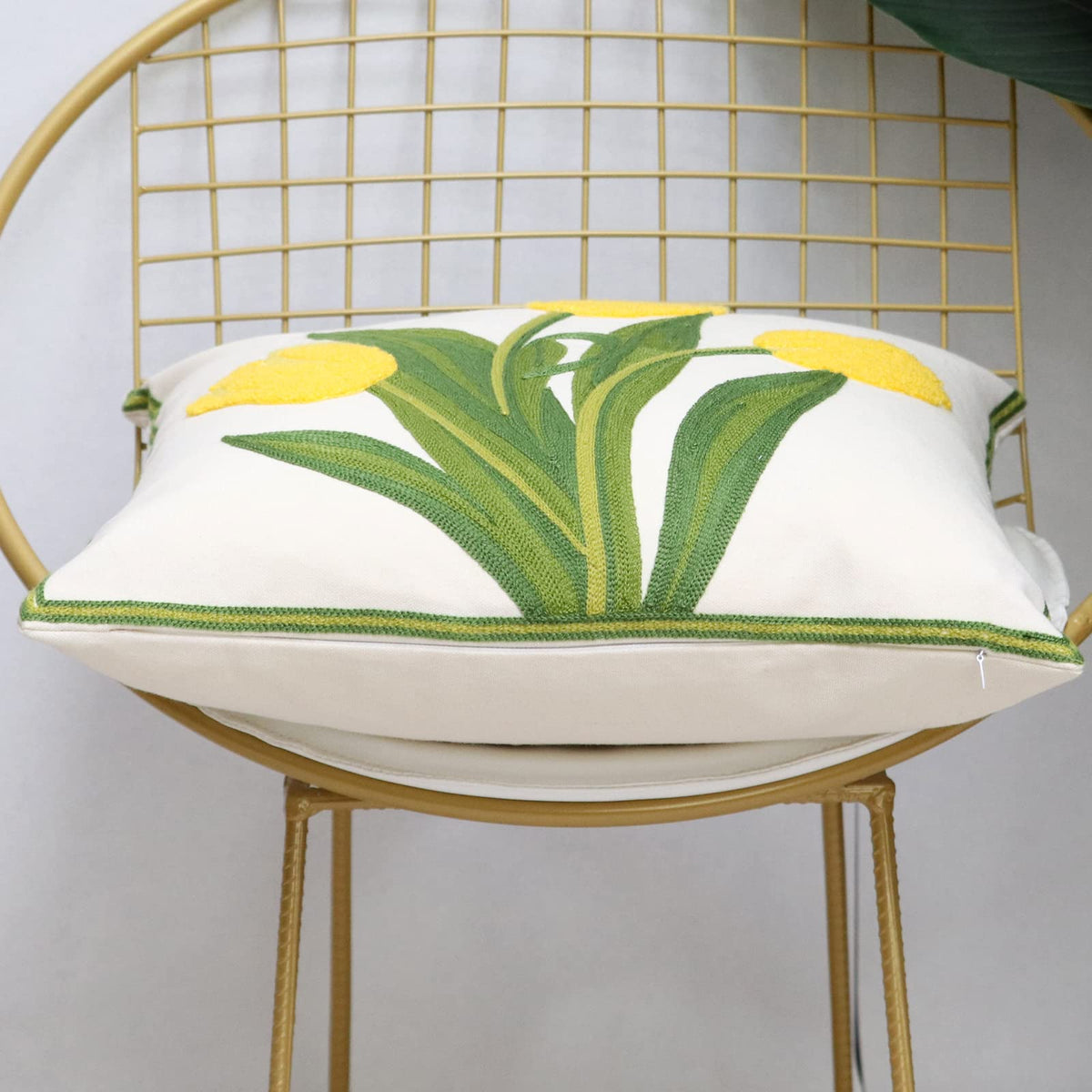 Pilmandu Pack of 2 Embroidered Decorative Throw Pillow Cover 18x18 Inch Farmhouse Floral Pillowcase for Living Room Sofa Bed (Yellow Tulip)