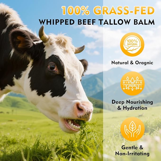 Organic Beef Tallow for Skin, Face & Body Moisturizer, Whipped Tallow Honey Balm Cream with Raw Honey, Grass Fed Cow Beef Tallow, All Natural Pure Body Lotion for Soft Smooth Skin, Unscented 4.2 OZ