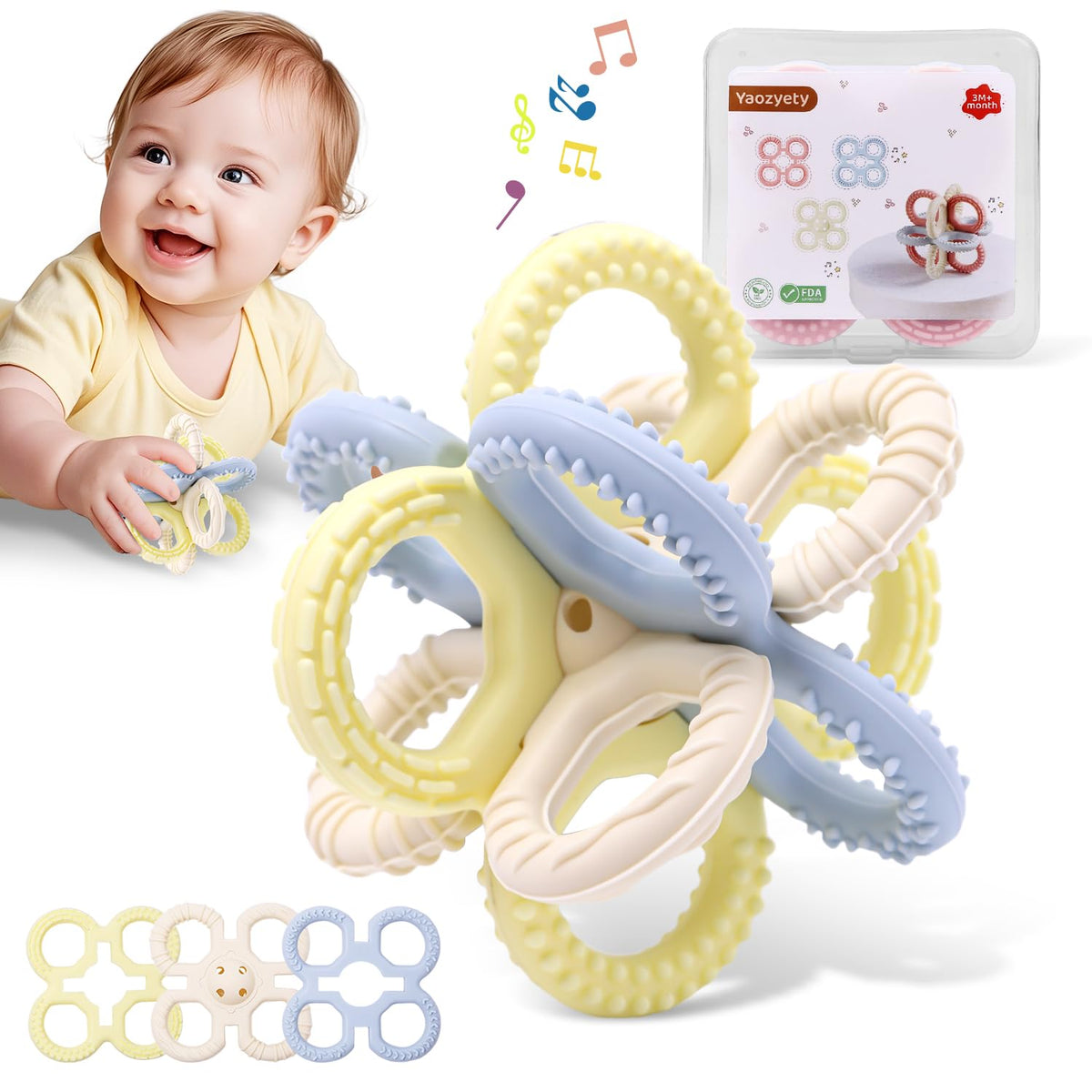 Yaozyety Baby Teething Toys 3 in 1 Silicone Teethers - BPA Free Food Grade Silicone Teething Ring Rattle Toys for Babies 3-6 Months 6-12 Months, Soft & Easy Hold, Baby Chew Toy for Toddlers (Yellow)