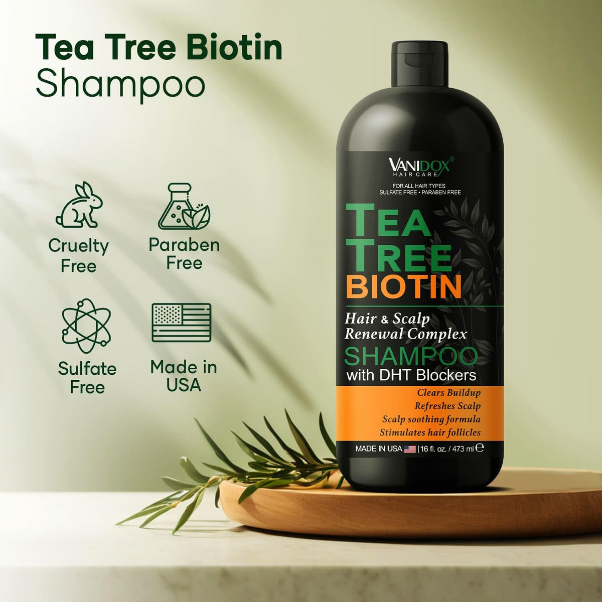 Tea Tree Oil Shampoo with Biotin, DHT Blockers, Itchy Scalp Relief, Supports Thicker-Looking Hair, Cleanses Dandruff & Buildup, For Men & Women, Made in USA, 16 fl oz