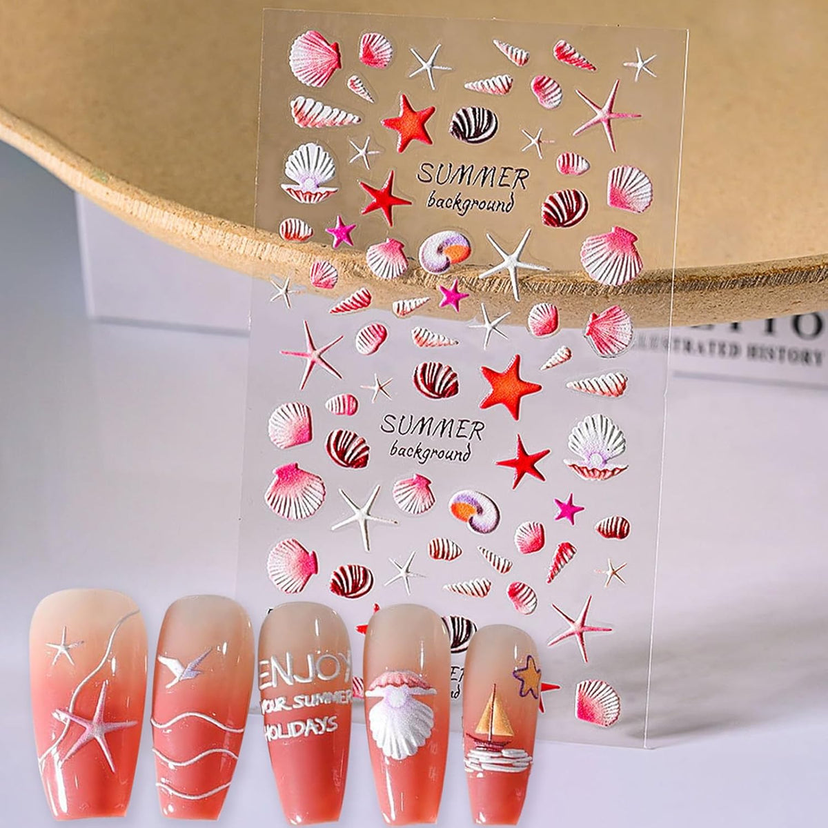 Summer Nail Art Stickers Decals Beach Style Nail Decals Self Adhesive 5D Shell Coconut Tree for Women Nails Design Decoraion 3D Beach Mails Stickers Supplies