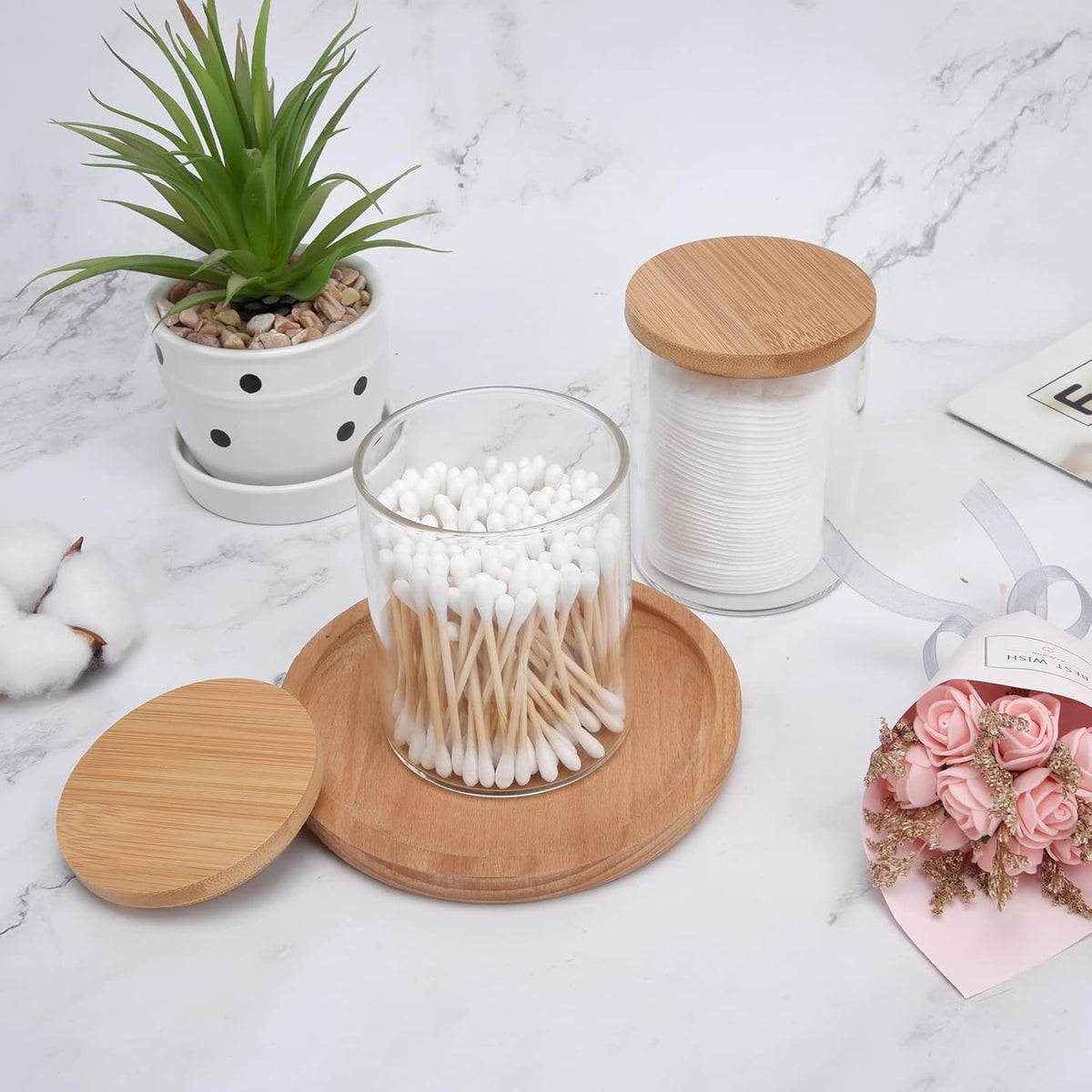 2 Pack Glass Qtip Holder Dispenser Set - Apothecary Jars with Lids - Vanity Makeup Organizer and Bathroom Canister Storage Organizer for Cotton Ball, Swab, Round Pads,Floss