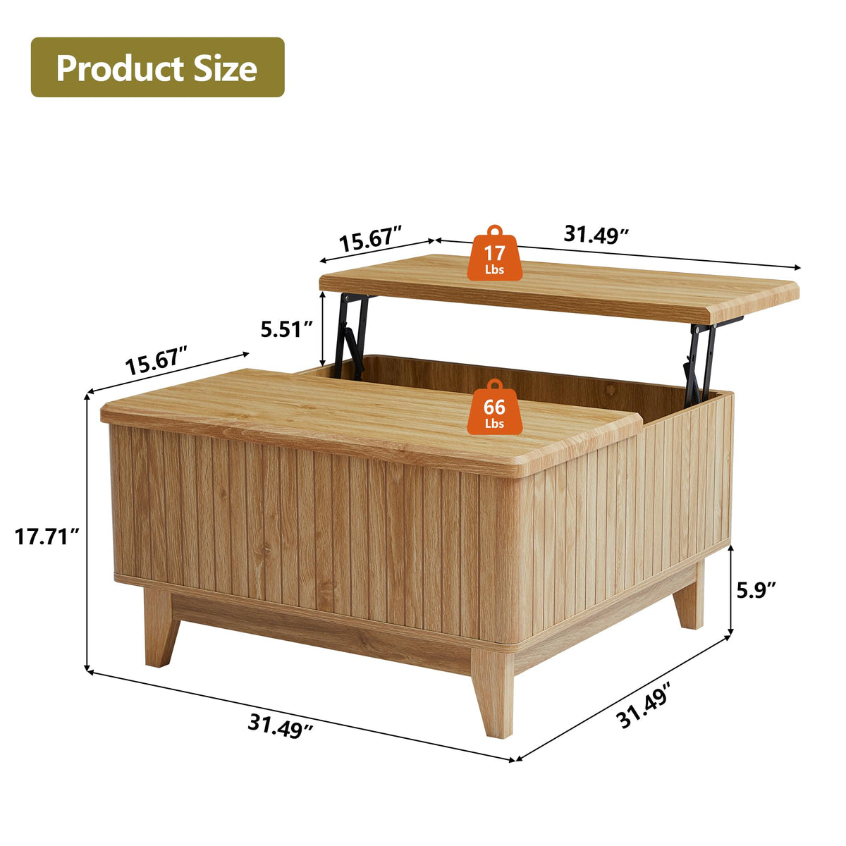 NVETHM Lift Top Coffee Table, Square Coffee Table with Hidden Storage Compartment, Farmhouse Wood Center Table Dining Table for Living Room, Bedroom, Home Office (Natural)