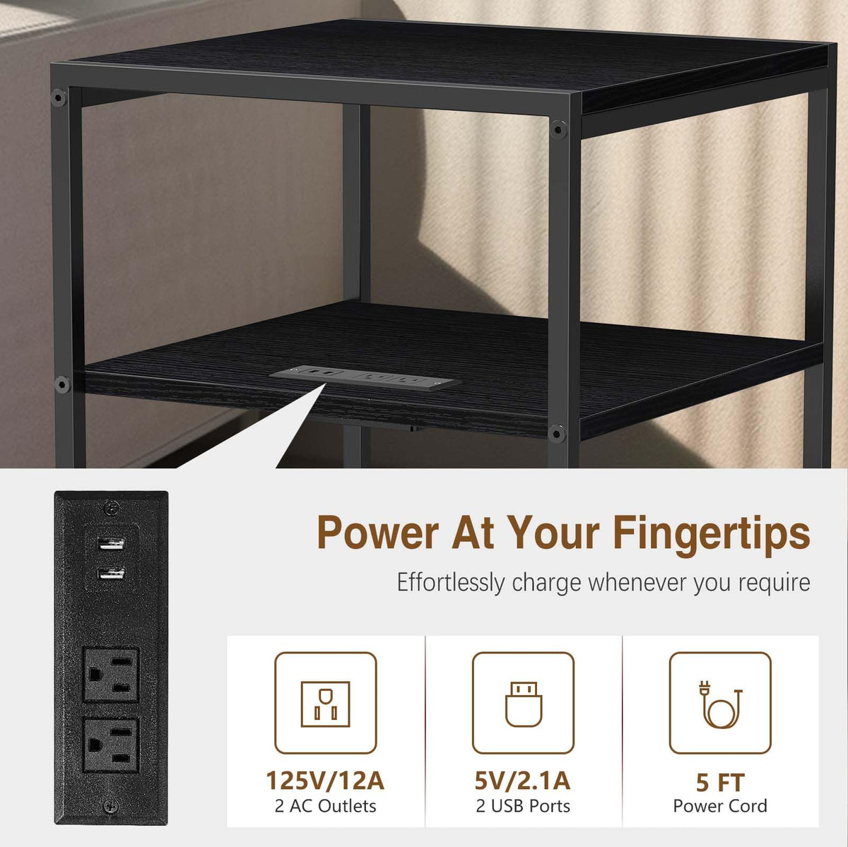 Tatub 20" End Table with Charging Station, Industrial Square Side Table with USB Ports & Outlets, Versatile 2-Tier Small Nightstand for Bedroom Living Room, Black