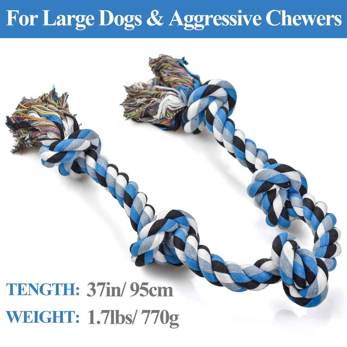 LECHONG Dog Toys for Aggressive Chewers Tough Rope Chew Toys for Large and Medium Dog 3 Feet 5 Knots Indestructible Cotton Rope for Large Breed Dog Tug of War Dog Toy Teeth Cleaning
