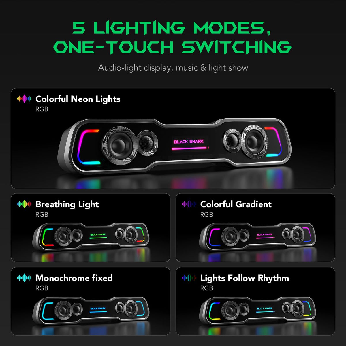 Black Shark BS-SP1 Bluetooth Computer Speakers for Desktop, 5 Colorful Lights Gaming PC Speaker with Stereo Sound, USB C/USB Powered Sound-bar for Computer Desktop PC Monitor Laptop