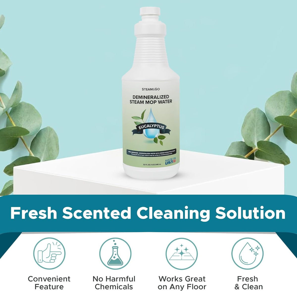 Steam & Go Demineralized Water for Steam Cleaner, PVC-Free Floor Cleaning Liquid Compatible With Any Steam Mop, Ready-to-Use Multisurface Cleaner, Scented, Eucalyptus Mint, 32 oz, Pack of 6