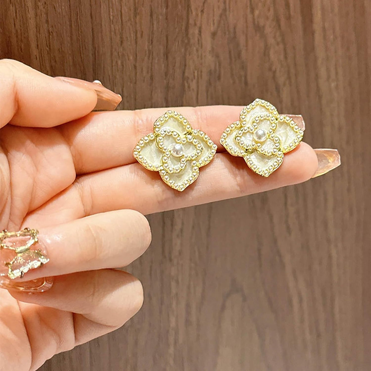 Vintage Pearl Flower Earrings Gold Pearl Stud Earrings Large Camellia Earrings Enamel Camellia Flower Petal Earrings Jewelry for Women
