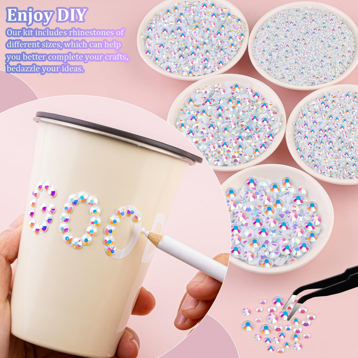 30000Pcs White AB Rhinestones for Bedazzling with B7000 Jewelry Glue, Bedazzler Kit Flatback Gems, Resin Rhinestones for Crafting Crafts Clothing Shoes Fabric Nail Art Assorted Size 2/3/4/5/6mm