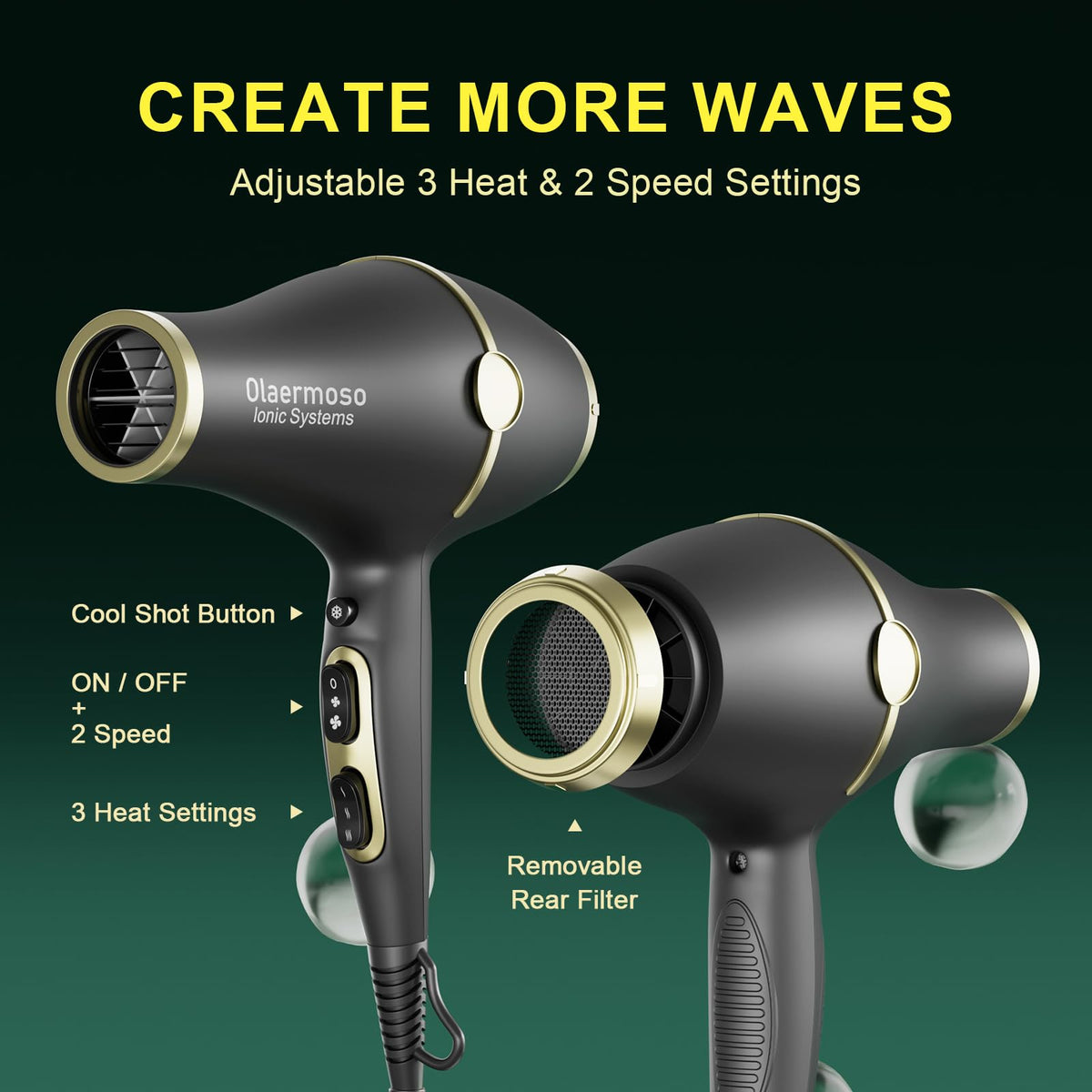 Hair Blow Dryer with Ionic Systems,Diffuser Hair Dryer with & 2 Nozzles,2200W Professional Blow Dryer Powerful Motor for Quick Dry,Hair Dryers for Women and Men,Cool Shot Feature