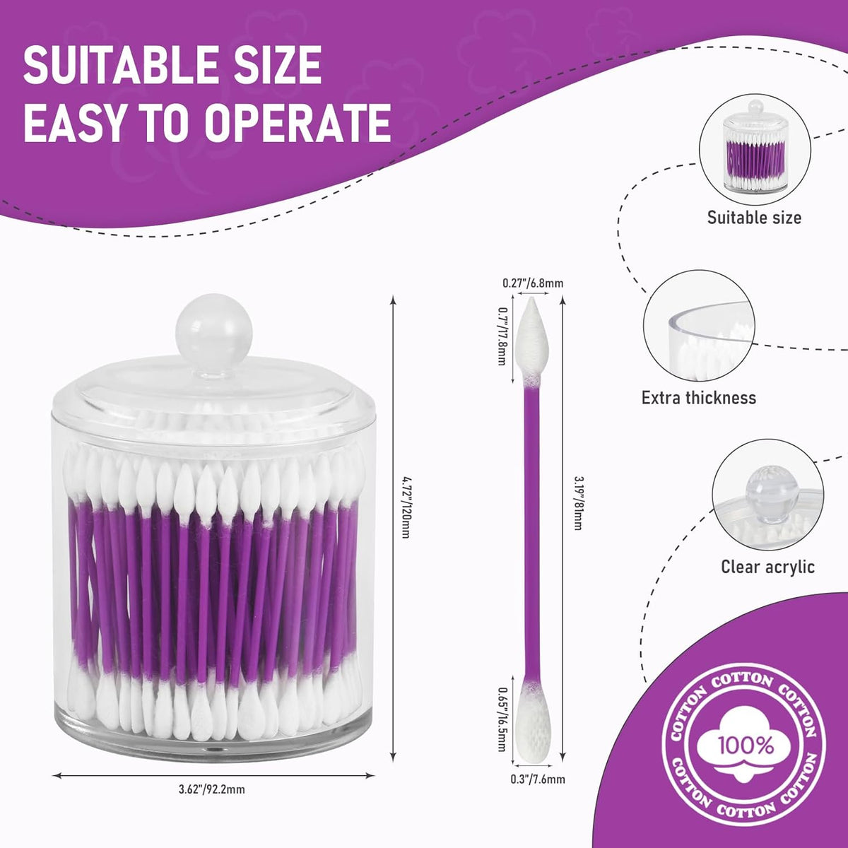 760pcs CGR Precision Cotton Swabs packed in Acrylic swab canister with Pointed and Flattened Tip, Cosmetic Makeup Applicator(160pcs in canister, 2x300pcs in bags) (760)