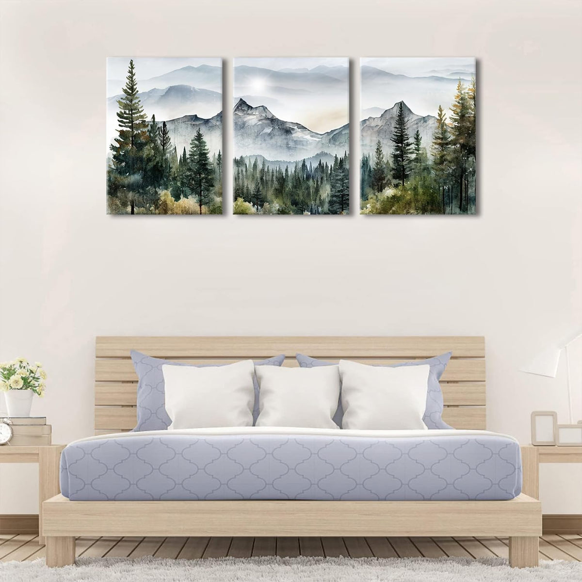 Dytila Framed Green Mountain Wall Art Set of 3, Misty Forest Pictures Wall Decor Neutral Nature Paintings Modern landscape Canvas Prints Sunrise Artwork for Living Room Office Hallway 12x16 in