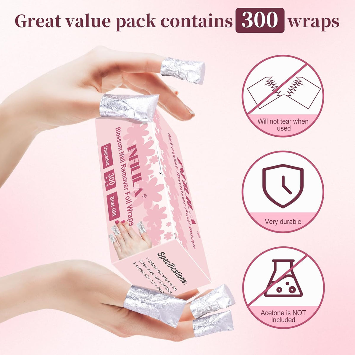 NXJ INFILILA Nail Foil - 300PCS Foil Nail Wraps Gel Nail Polish Remover Foil Wraps for Nails, Soak Off Gel Remover with Larger Cotton Pad for Removing Nail Polish at Home