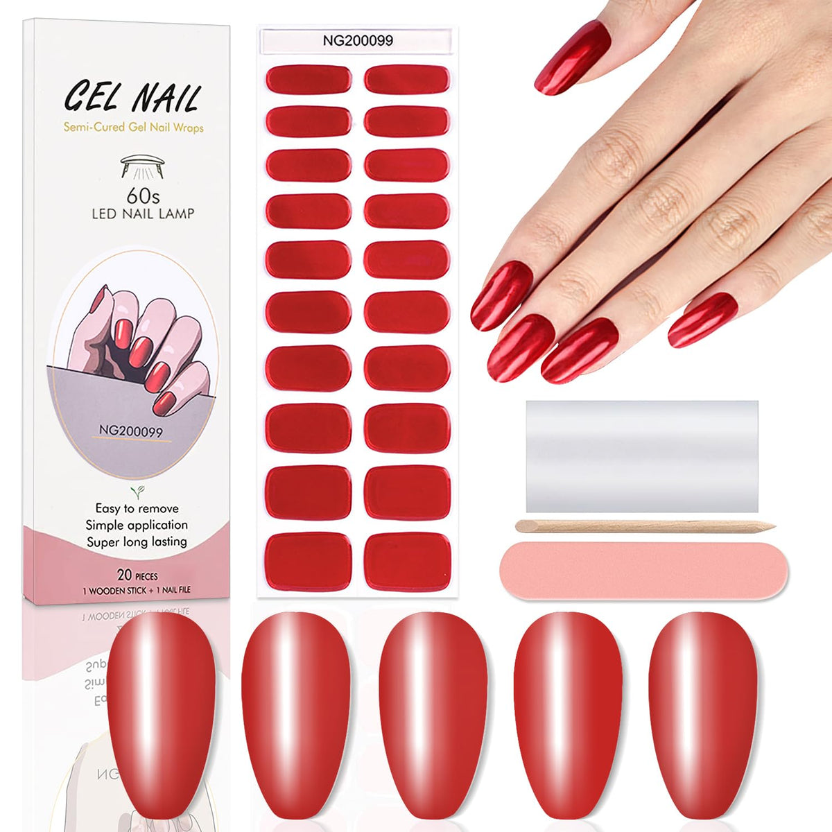 WOKOTO 20Pcs Chrome Red Gel Nail Strips with Nail File & Wooden Stick Holographic Red Semi Cured Nail Polish Strips UV Gel Nail Stickers Full Nail Wraps Stick On Nails Strips Decals for Women Girls