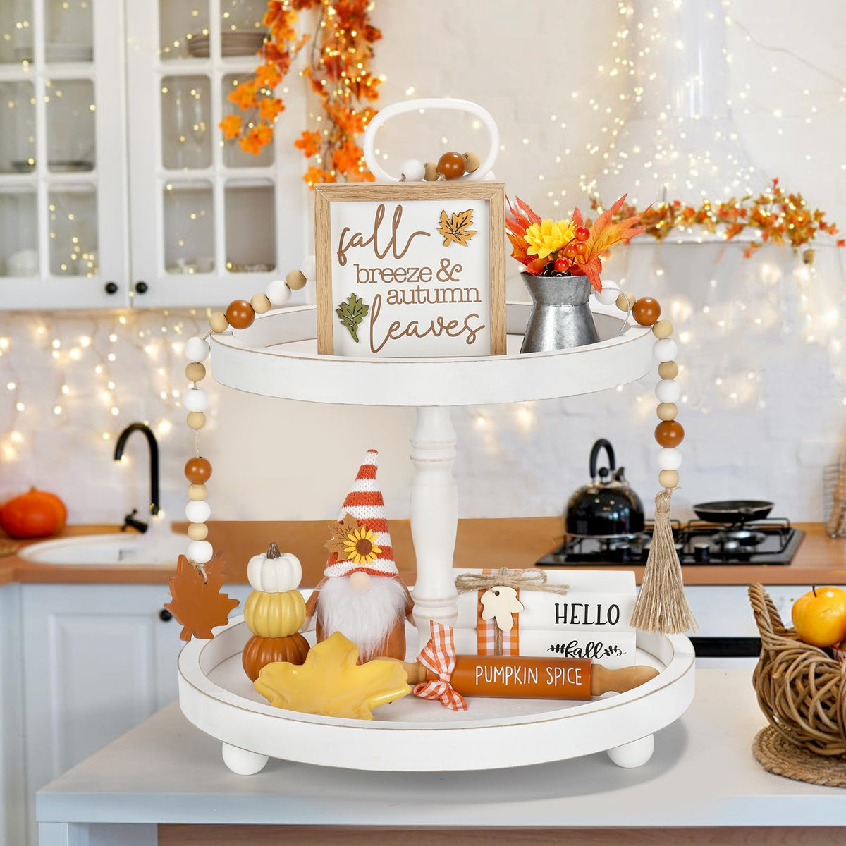 Fall Decorations, 8 PCS Fall Tiered Tray Decor Set, Thanksgiving Harvest Table Centerpiece Pumpkin Gnome Fake Plant Maple Autumn Farmhouse Wood Sign, Indoor Tabletop Decor for Home Office Shelf Mantel