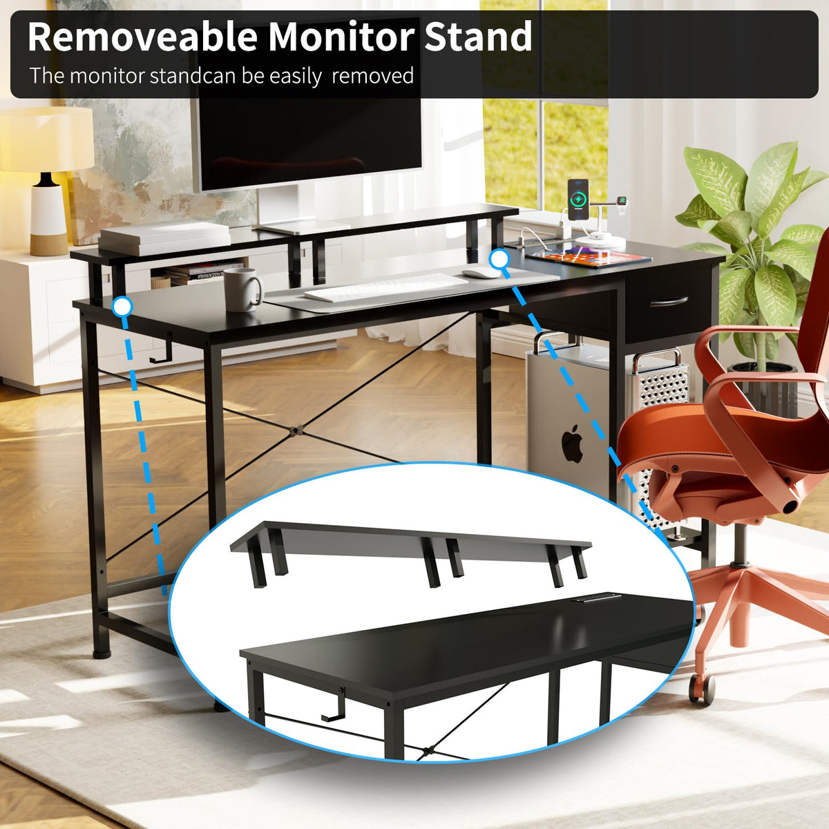 Lkeiyay 47 Inch Gaming Desk with LED Lights & Monitor Stand,Computer Desks with Storage Drawer and Power Outlet,Reversible Gamer Desk with Headphone Hooks and Shelves for Small Space Upgrade Black