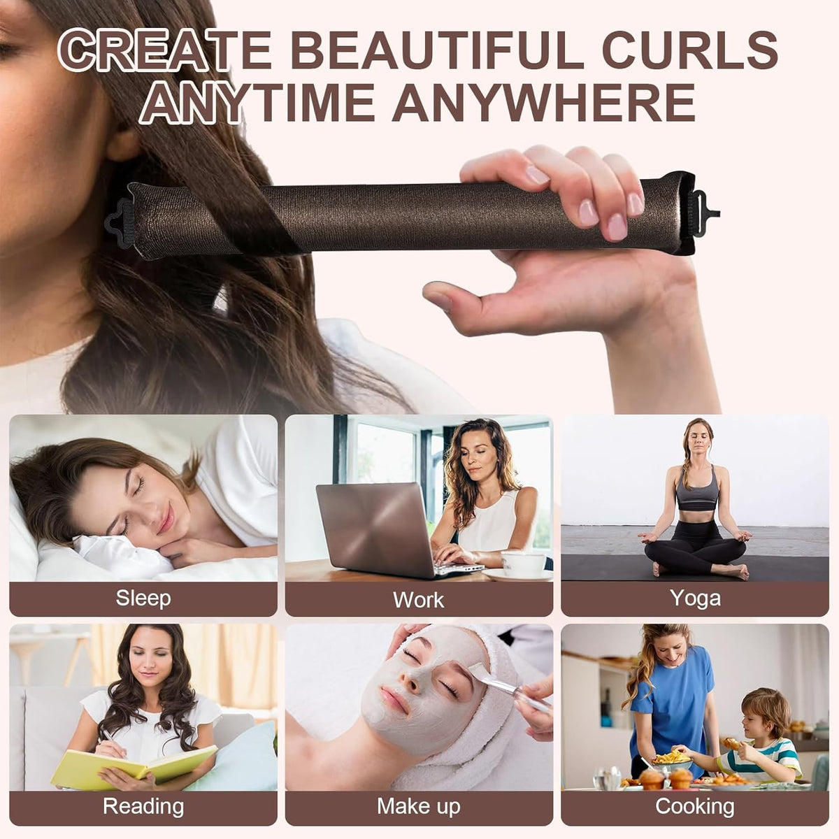 4 PCS Heatless Hair Curler Set - Overnight Use Curling Rods with Silk Scarf for All Hair Types, No Heat Natural Waves Curls without Damage, Brown
