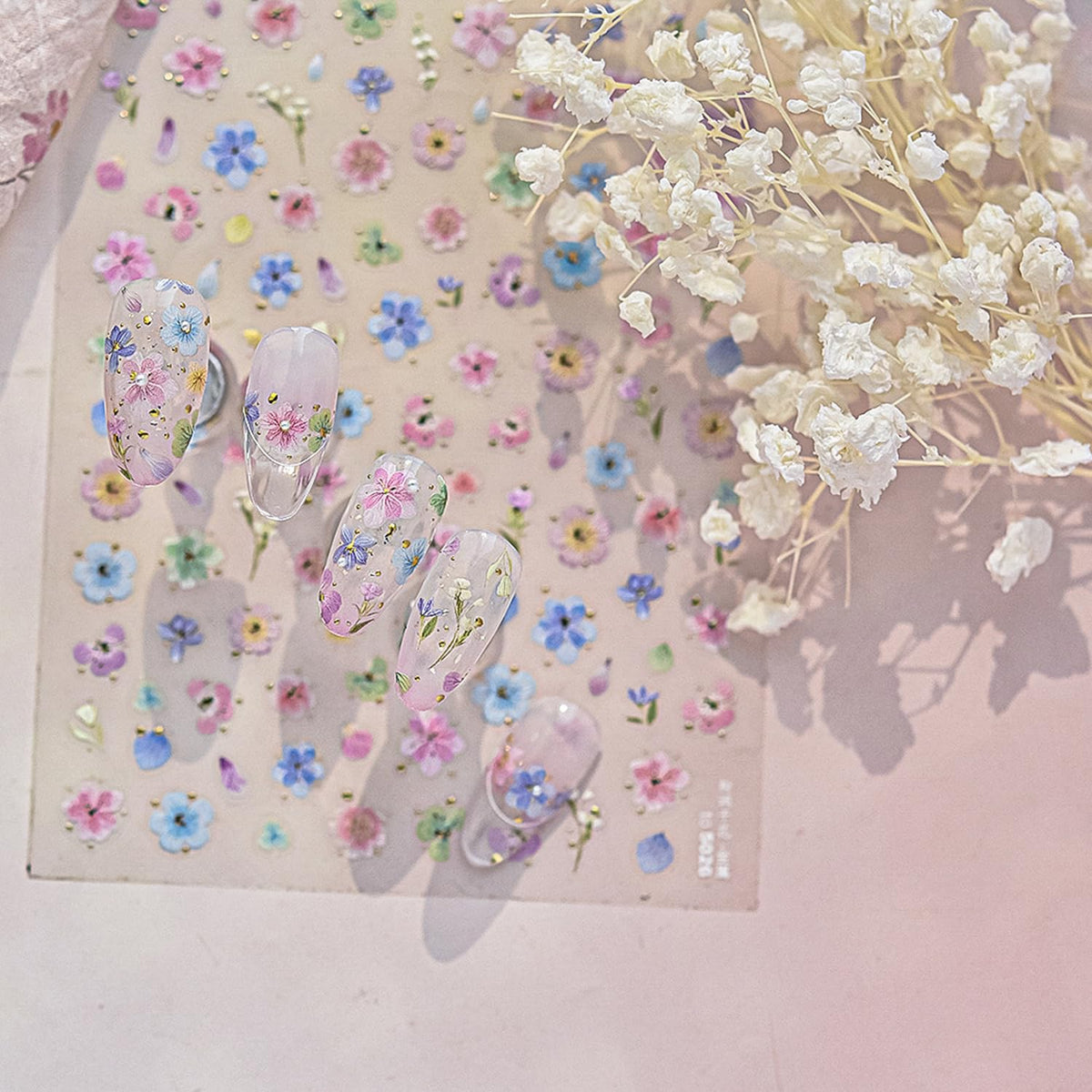 Dried Flower Nail Art Stickers Colorful Flowers Nail Decals for Acrylic Nails 3D Self Adhesive Glitter Designs Nail Sticker Cute Floral Nail Decal Spring Summer Manicure Supplies for Women DIY Decor