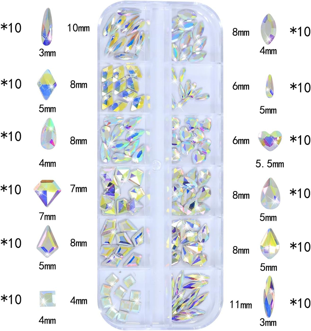 Nail Rhinestones - 3D Multi Shape Size, Flat Back, Manicure Rhinestones Charms, AB Gems, with Kit, for Nail Art, Bedazzling Acrylic Nails, DIY Decor