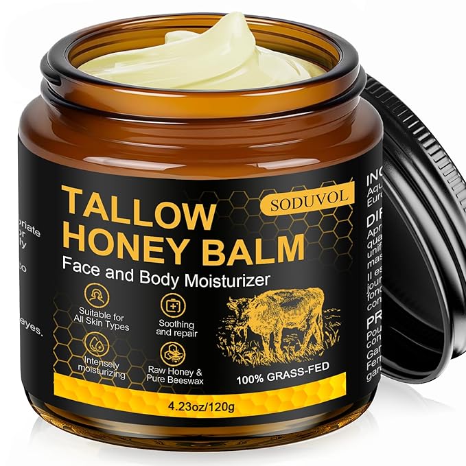 Organic Beef Tallow for Skin, Face & Body Moisturizer, Whipped Tallow Honey Balm Cream with Raw Honey, Grass Fed Cow Beef Tallow, All Natural Pure Body Lotion for Soft Smooth Skin, Unscented 4.2 OZ
