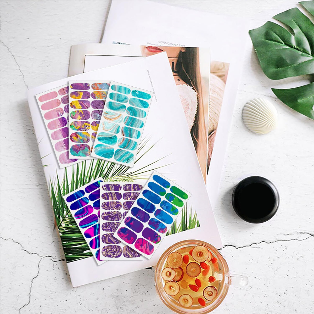 WOKOTO 12 Sheets Colorful Gradient Full Nail Polish Stickers False Nail Design Stickers Full Nail Wraps for Women Girls Macaron Colors Graffiti Nail Stickers for Nails Stick On Nail Polish Strips