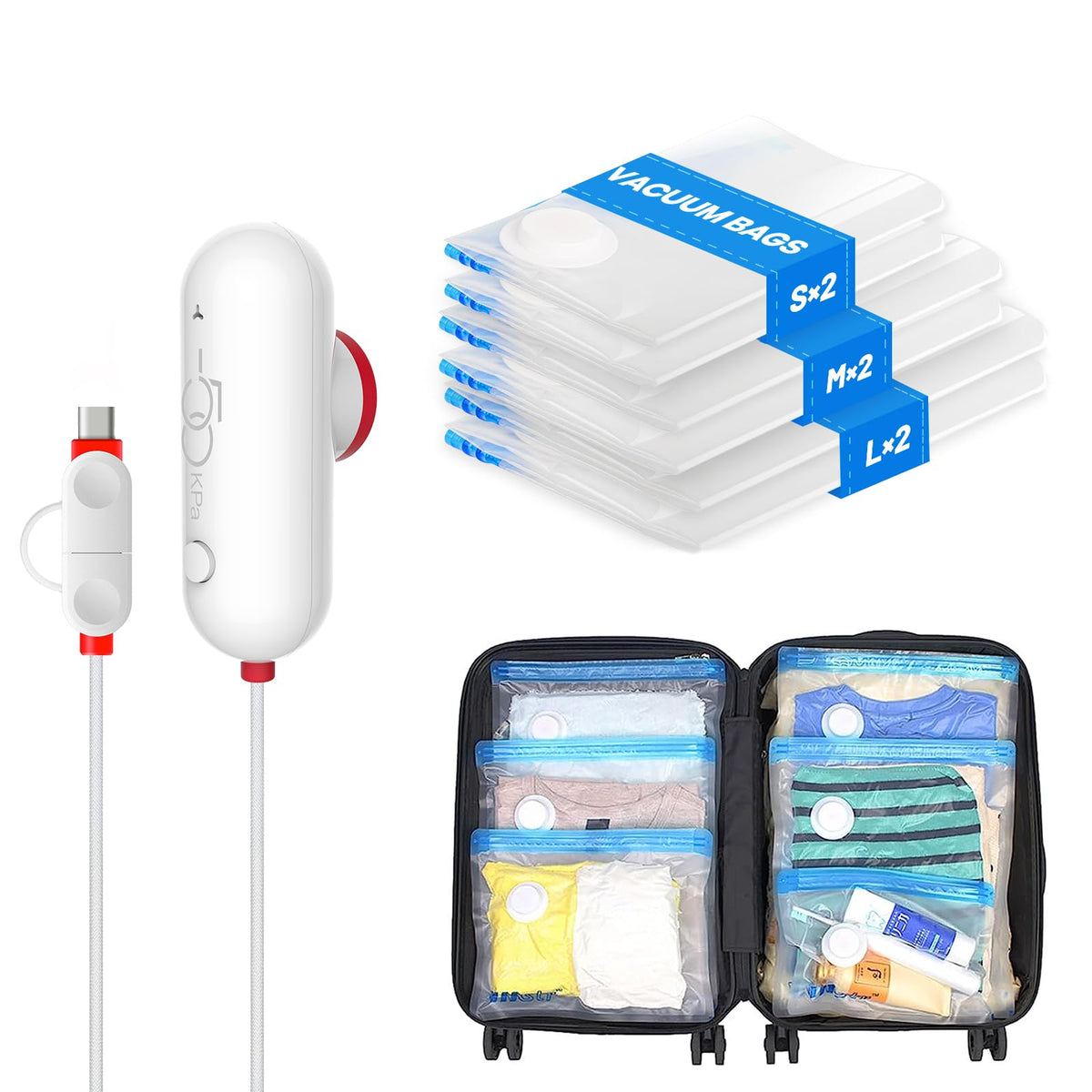 VMstr 15 Pack Travel Vacuum Storage Bags with USB Pump, Vacuum Packing Seal for Luggage and Suitcase, Space Saver for Clothes and Clothing Travel