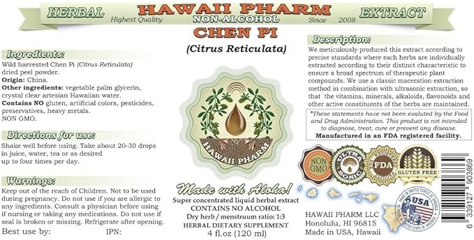 Chen Pi Alcohol-Free Liquid Extract, Chen Pi, Tangerine (Citrus Reticulata) Peel Glycerite Hawaii Pharm Natural Herbal Supplement 15x4 oz