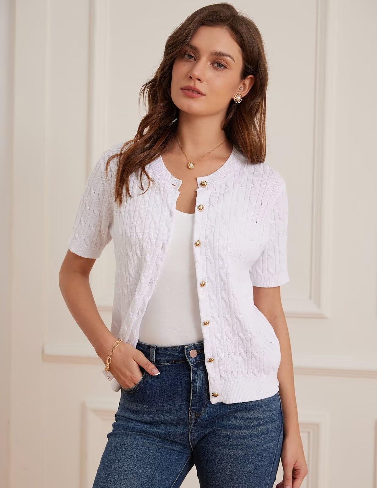 GRACE KARIN Women's Short Sleeve Sweater Cardigan Button Up White Sweater Cable Knit Soft Dressy Cardigan M