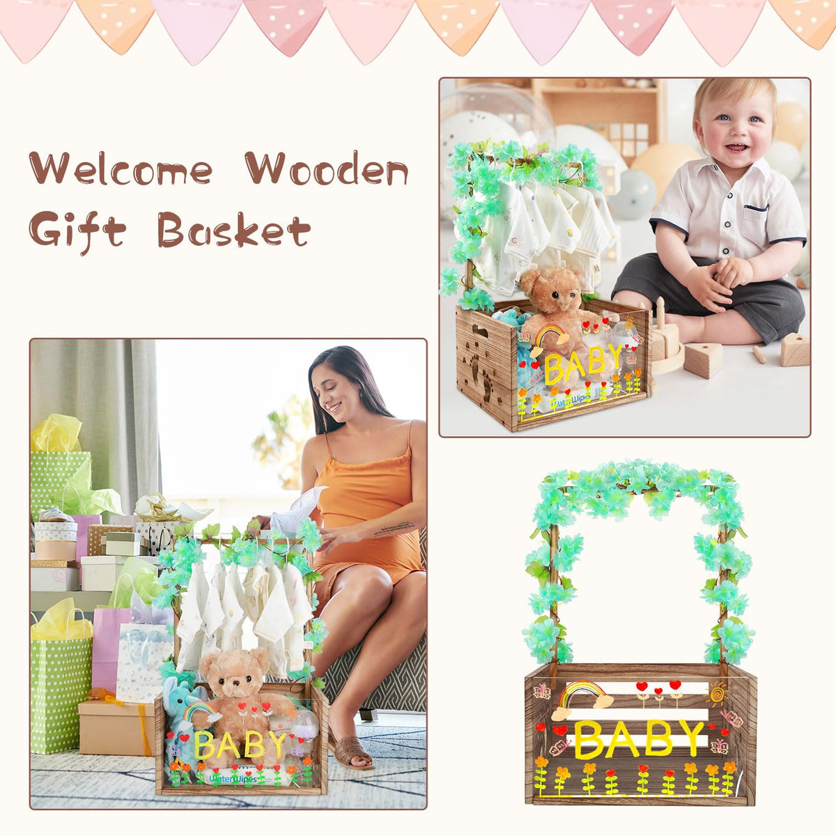 taessv Baby Shower Crate Closet Wooden Baby Shower Basket for Newborn Boys Girls Distinctive Baby Storage Basket with Light Up Welcome Baby Gift for New Parents (Brown)
