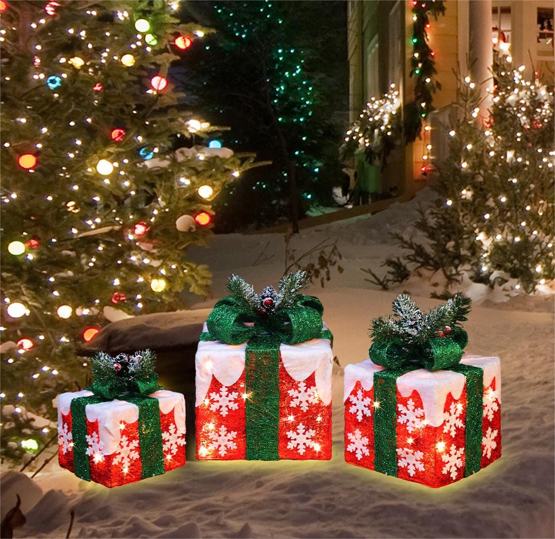 GLOWNOVA [Large 10"x8.5"x6.5" Christmas Set of 3 Lighted Gift Boxes Decorations Pre-lit 70 Super-Bright LED with Flashers,for Indoor Outdoor Christmas Tree Skirt Ornament Pathway Holiday Party Home