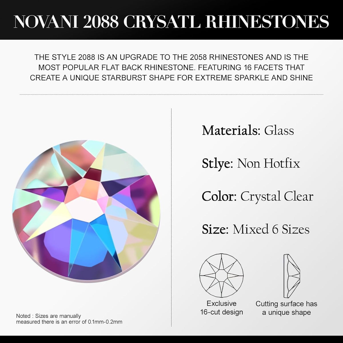 Novani Crystal AB Rhinestones Flat Back Round Rhinestone Style 2088 Sparkly Crystal Gemstones for Crafting,Mixed Large Size(SS12-SS40)
