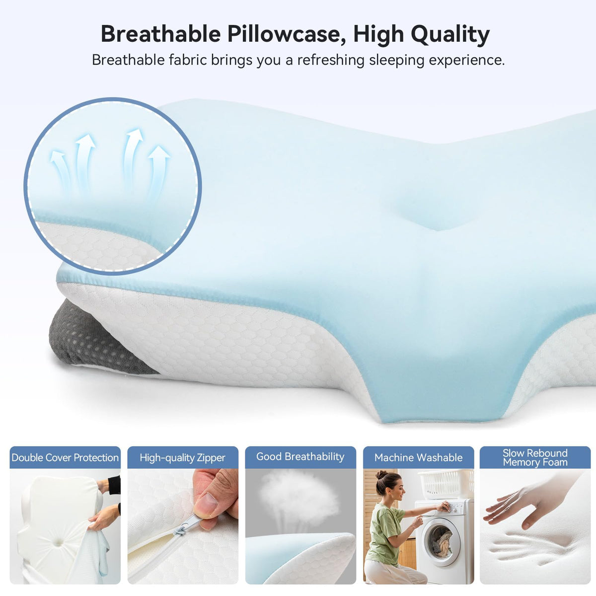 Zmarthumb Ergonomic Cervical Pillow for Neck Support, Memory Foam Orthopedic Contour Side Sleeper Pillows with Dual Heights, Soft Bed Pillow with Breathable Pillowcase for Back, Stomach Sleepers(Blue)