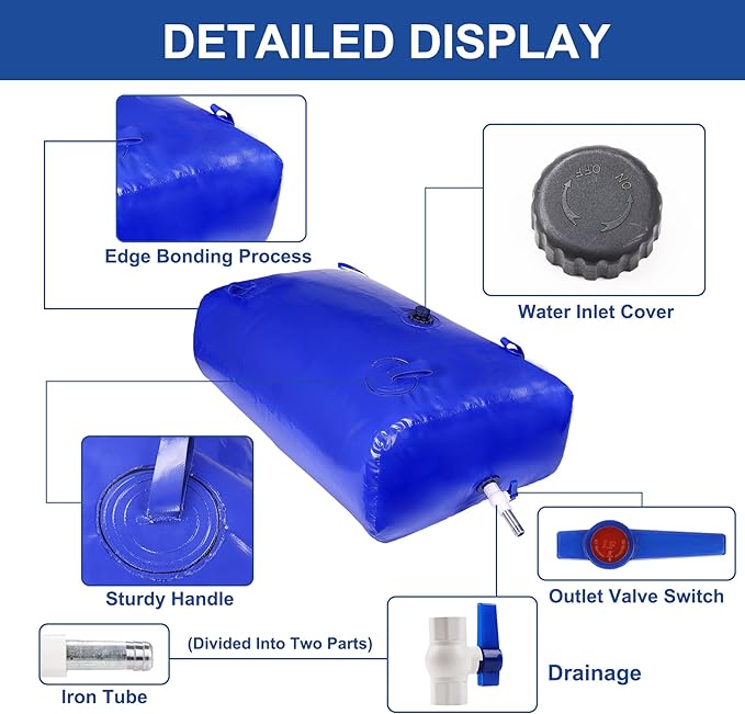 760 L/200 Gal Water Bladder Tank, Foldable Portable Water Storage Container, Emergency Water Bag for RV, Truck Bed, Fire Prevention, Drought Resistance, Blue