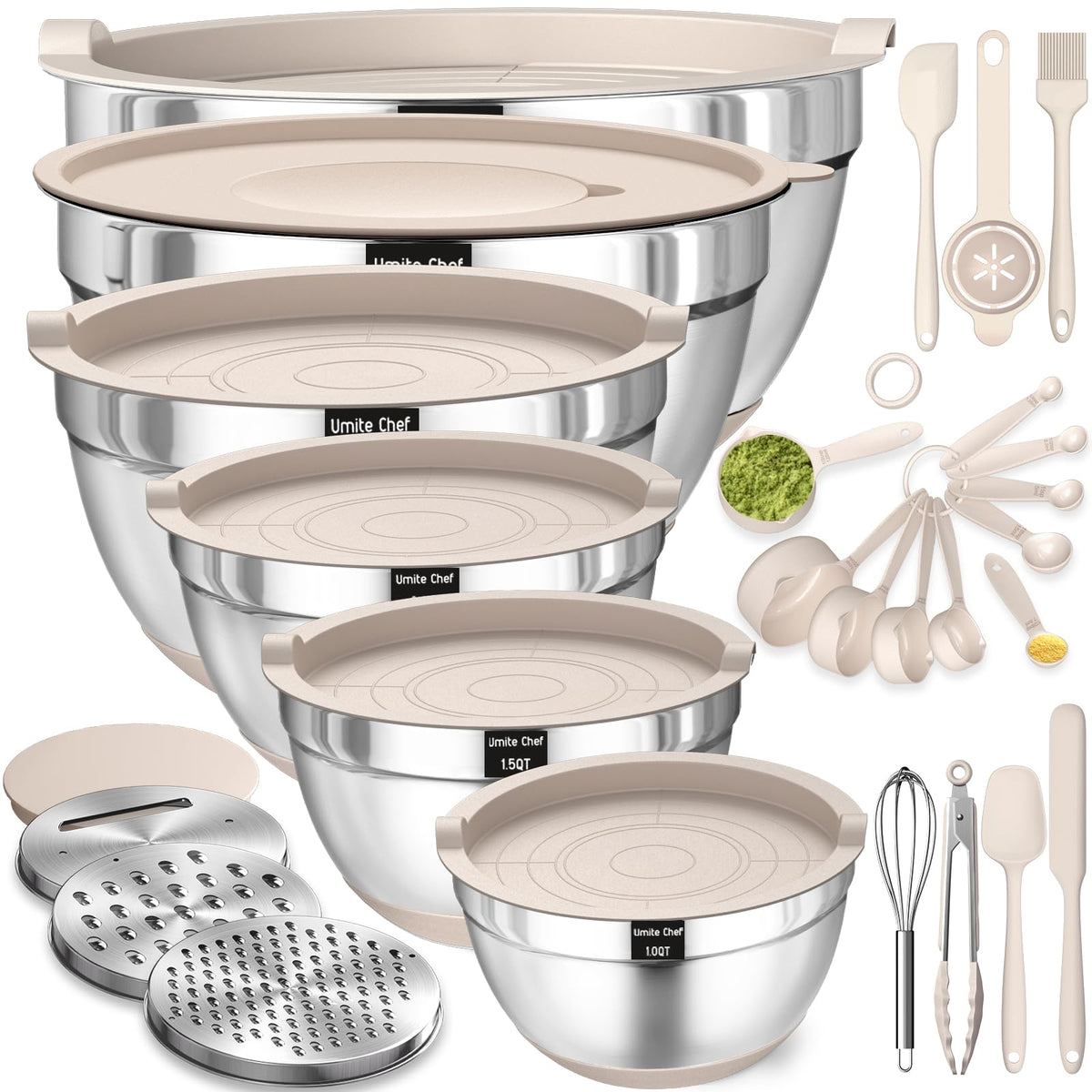 Mixing Bowls with Airtight Lids Set, 26PCS Stainless Steel Khaki Bowls with Grater Attachments, Non-Slip Bottoms & Kitchen Gadgets Set, Size 7, 4, 2.5, 2.0,1.5, 1QT, Great for Mixing & Serving