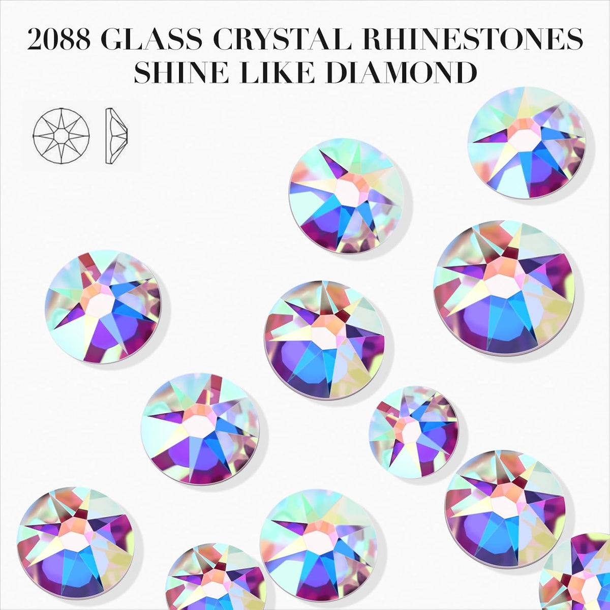 Novani 500pcs Crystal AB Rhinestones Flat Back Round Rhinestone Style 2088 Sparkly Crystal Gemstones for Nail Art and Crafting,SS8(2.3-2.5mm