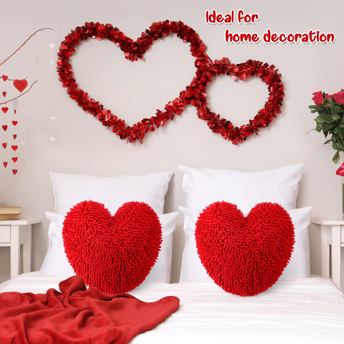 Memorywuu 2 Pcs Heart Shaped Pillow 14 Inch Heart Chenille Pillow Cushion Plush Soft Throw Cushion with Removable Cover for Sofa Couch Bed Women Girls Gifts(Red)
