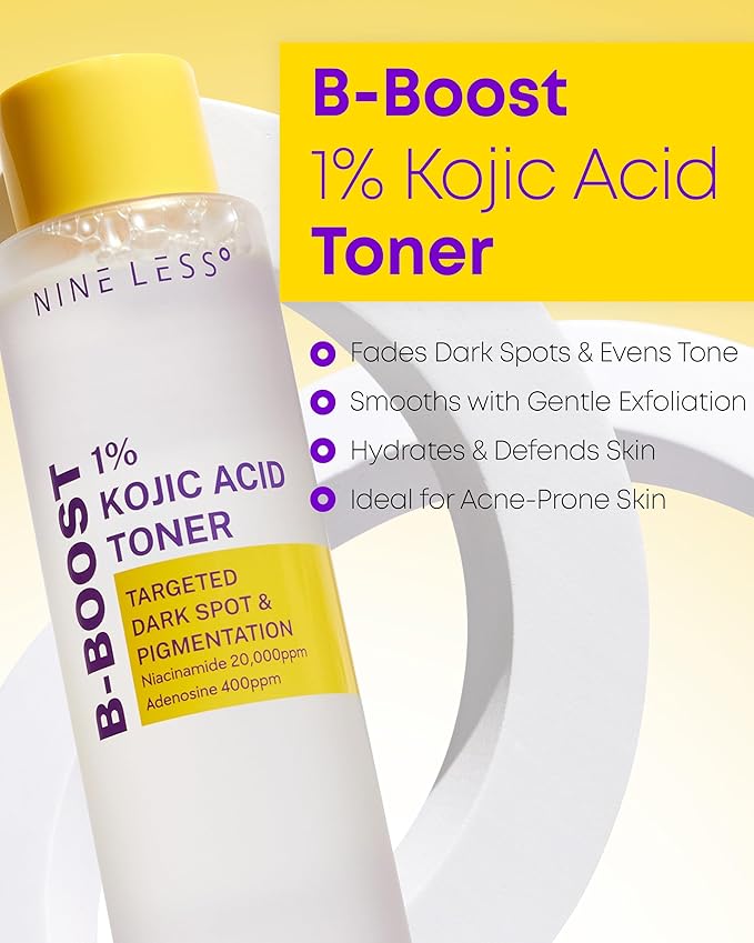 NINELESS B-Boost 1% Kojic Acid Toner with 2% Niacinamide for Dark Spot Correction - Korean Skincare for All Skin Types - Formula with Adenosine & Probiotics - 6.76 fl. oz.