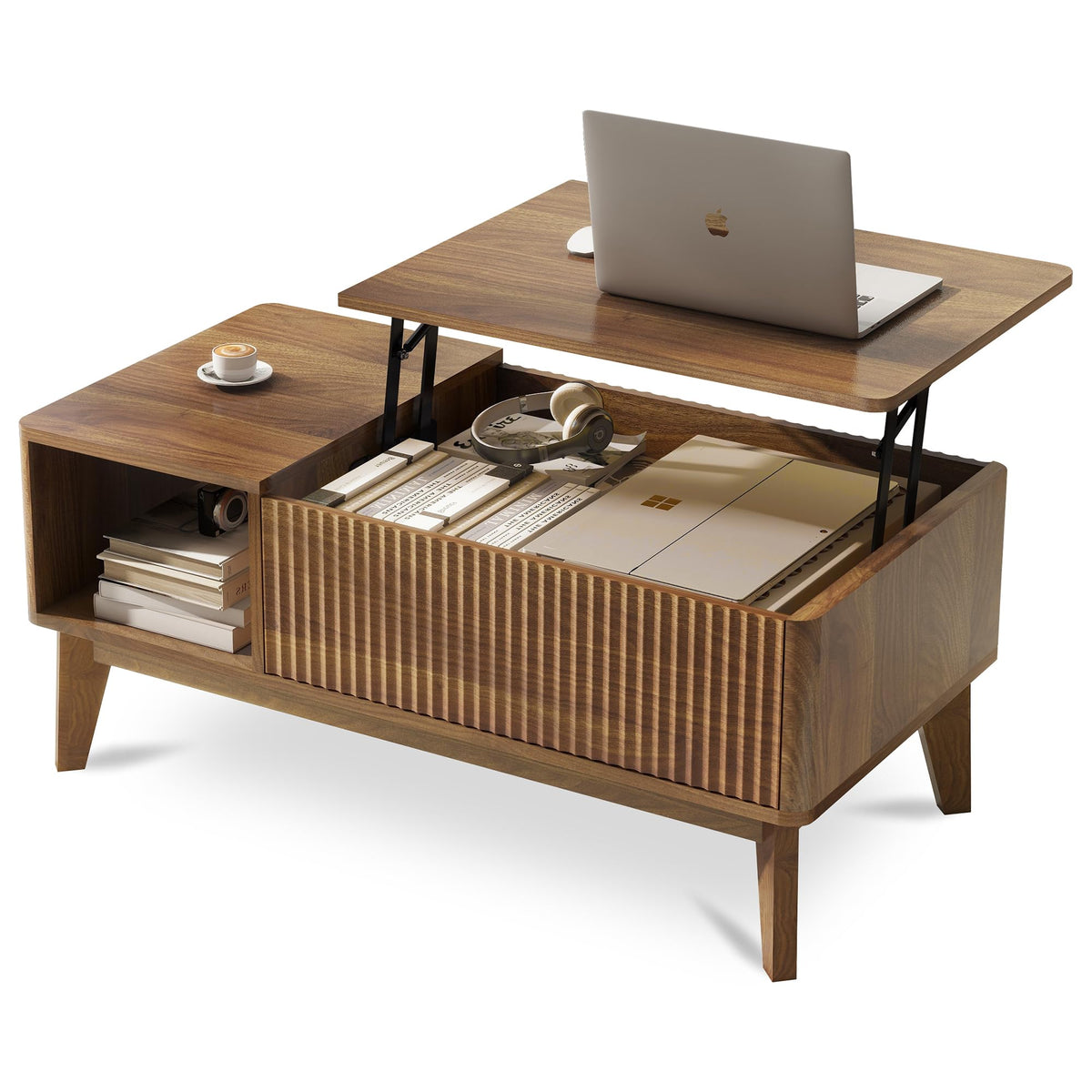 LYNCOHOME Fluted Coffee Table with Hidden Compartment, Wood Lift Top Coffee Tables, Modern Center Table for Living Room, Home Office（Walnut）