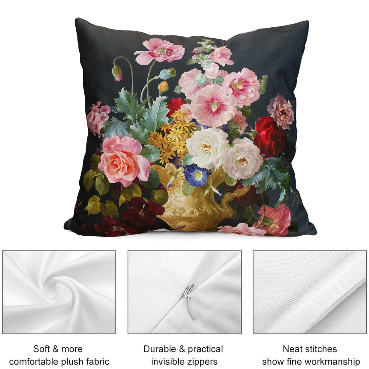 whooplaArt Elegant Decorative Velvet Floral Pillow Cover Double Sides Flower Pillowcases 18"x18" (LC-786)
