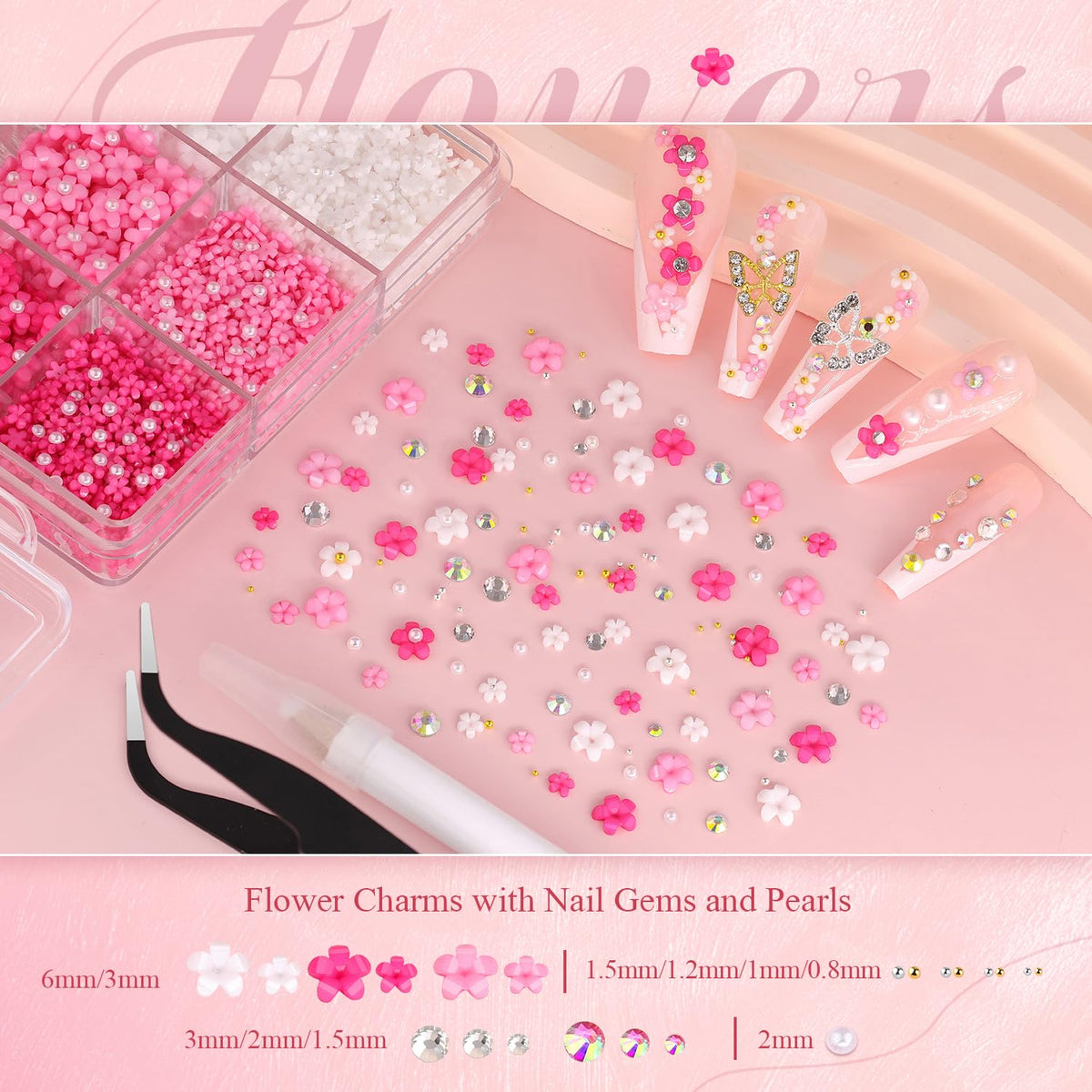 3D Nail Charms and Gems Set 4 with Rhinestone Glue, 20PCS Gold and Silver Chunky Butterfly Nail Charms, 3D Flowers for Nails, Crystal and Pearls + Metal Caviar Beads + Picker Tool for Y2K Nail Decor