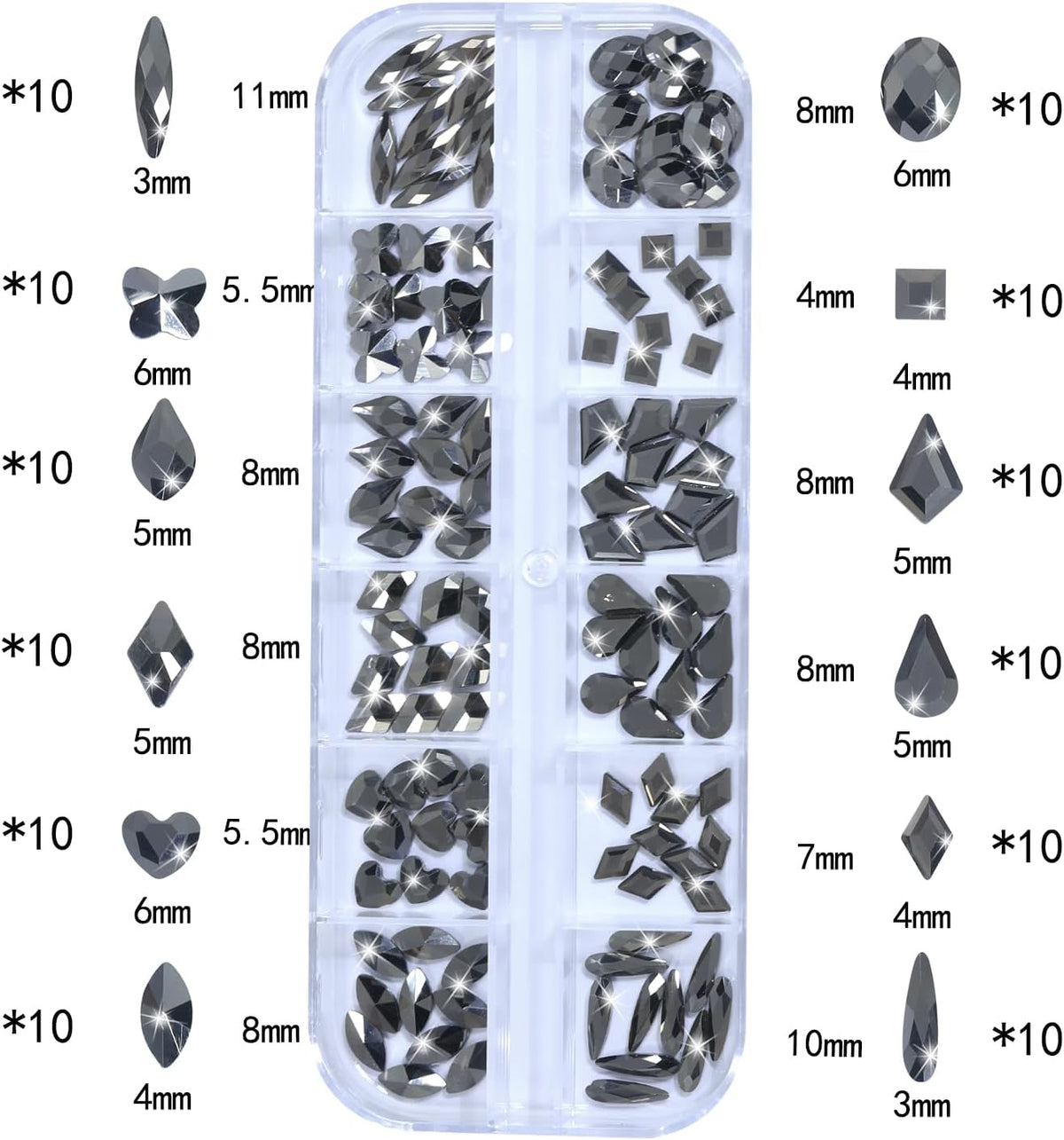 Nail Rhinestones - 3D Multi Shape Size, Flat Back, Crystals Manicure Rhinestones Charms, Mineral Gray Nail Gems, with Kit, for Nail Art, Bedazzling Acrylic Nails, DIY Decor