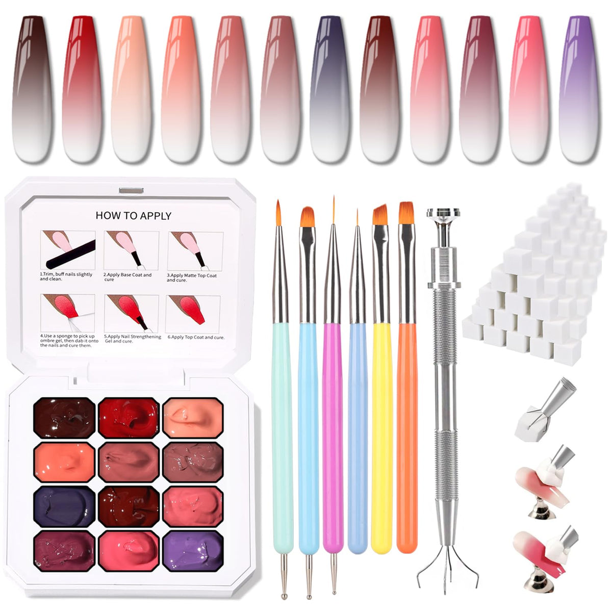 Sponge Pat Paint Nail Gel, Ombre Nails Gradient Gel Nail Blush Blooming Aura Nails Drawing Stripper Floral Painting DIY Nail Art, No Wipe, UV/LED Curing (12 Colors N)