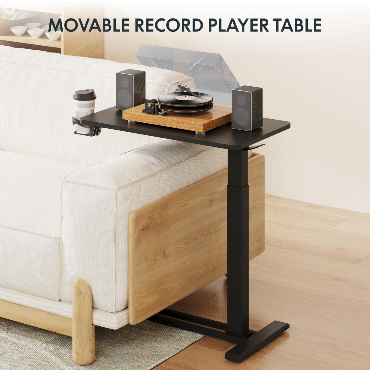 FLEXISPOT H7 Adjustable Overbed Bedside Table with Wheels Pneumatic Mobile Standing Desk Laptop Desk Rolling Computer Cart Movable Overbed Tables Hospital Home Use(27.6" W x 15.7" D, Black Table)