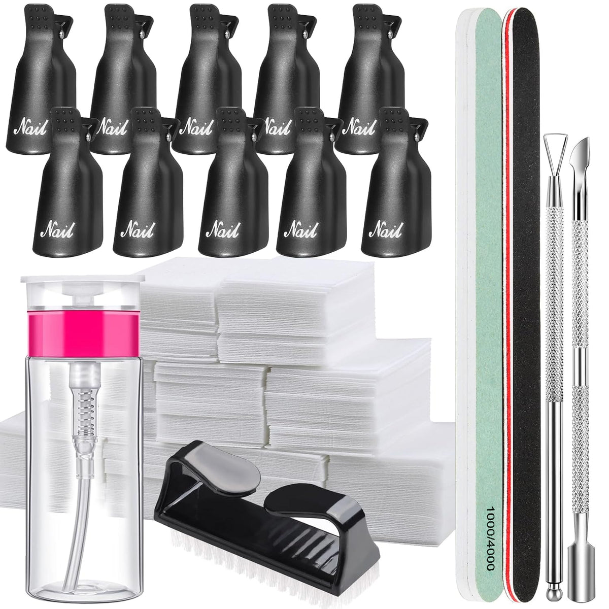 FANDAME Gel Nail Polish Remover Tools Kit, 10 PCS Nail Polish Remover Clips Black, 100ml Nail Polish Remover Bottle, 500PCS Cotton Pad, Nail Brush, Cuticle Pusher, Nail File, Buffer Block Tools kit