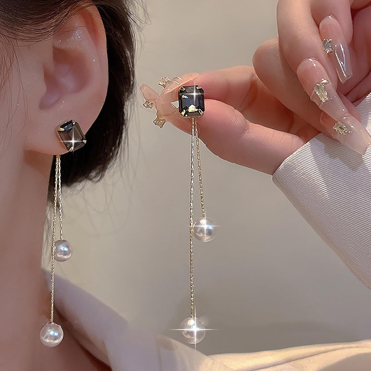 Vintage Black Crystal Pearl Drop Earrings Gold Long Tassel Pearl Earrings Rhinestone Pearl Chain Earrings Black Square Crystal Earrings Jewelry for Women